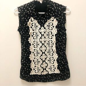 ABS Allen B Schwartz Platinum 100% Silk Sleeveless Floral Blouse Crochet XS